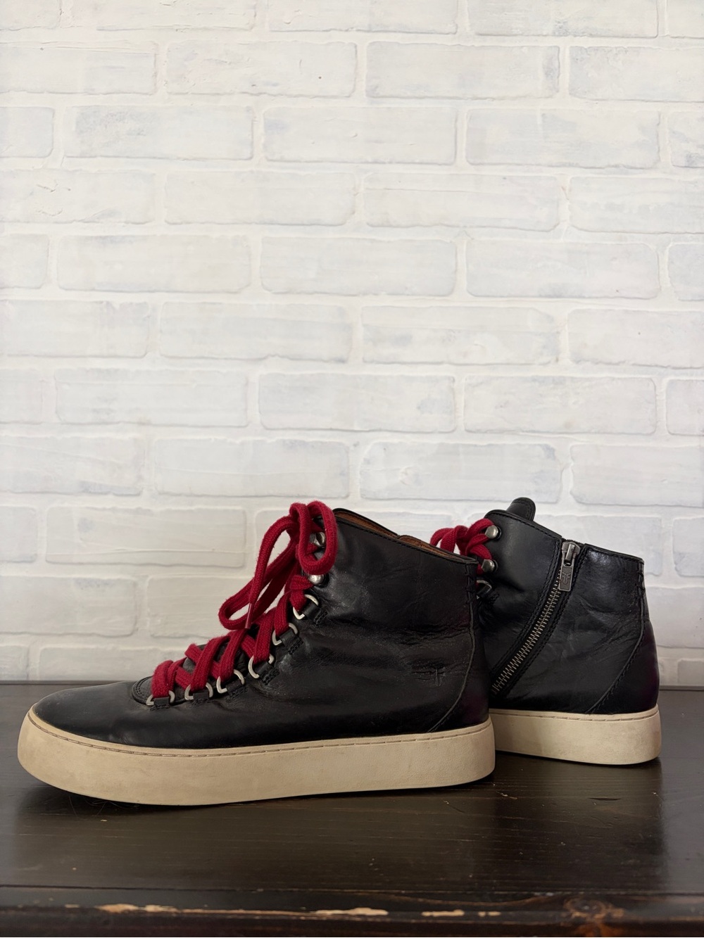 Frye Black Leather Lace-Up Boots with Red Laces